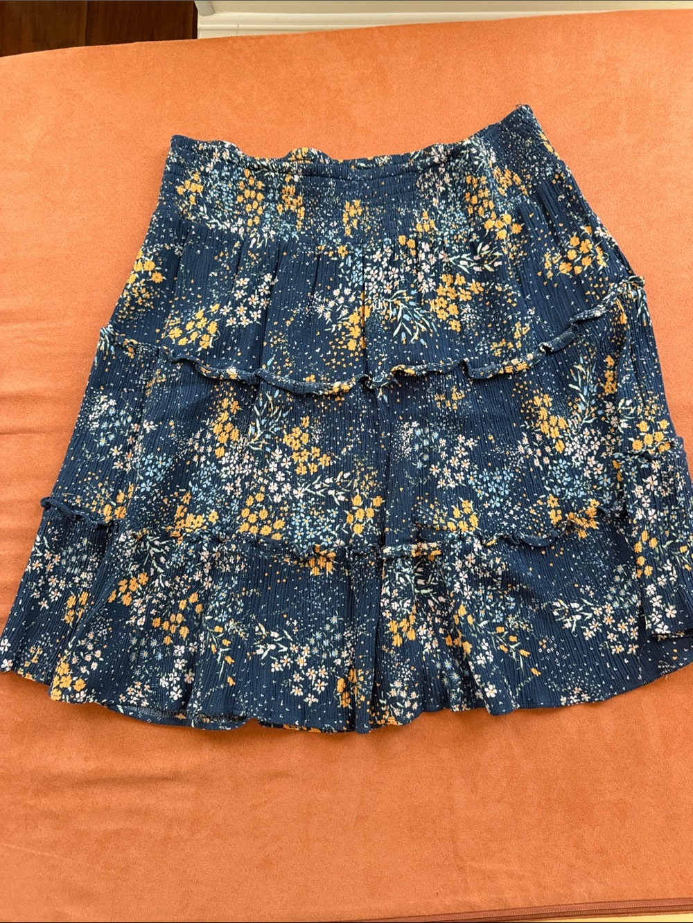 Market & Spruce Navy Floral Tiered Skirt with Mustard and White Print